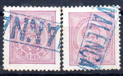 1556.jpg -     Lote:    1556            Portugal       Descrição:         Carimbos nominativos. 1882/83 &mdash; D. Luís de frente. Novos valores. CE63, 25 reis lilás rosa. Lote de dois selos em denteado 11 &frac12;, obliterados com carimbos batidos a azul de: "VIANNA" e "VALENÇA". MB e R.        O       Valor Base:     &euro; 20,00     Valor Venda:     &euro; 150,00     