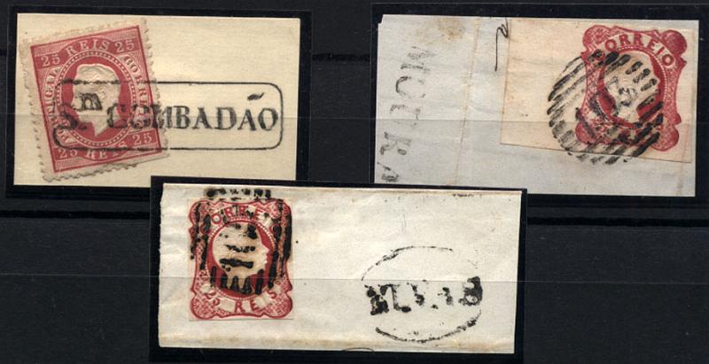 1562.jpg -     Lote:    1562            Portugal       Descrição:         Carimbos nominativos. Lote composto por 3 fragmentos com selos CE13 (2) e CE40 obliterados com carimbos nominativos "Sta. COMBA DÃO", "MOURA" e "ELVAS".        FRG       Valor Base:     &euro; 15,00     Valor Venda:     Retirado     