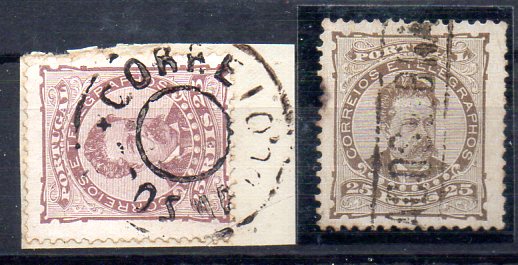 1566.jpg -     Lote:    1566            Portugal       Descrição:         Carimbos nominativos. 1882/83 &mdash; D. Luís de frente. CE57, 25 reis. Lote de dois selos obliterados com carimbos batidos a preto de "CORREIOS / S. COSMADO" e "PAÇOS DE BRANDÃO". B e R.        O       Valor Base:     &euro; 25,00     Valor Venda:     &euro; 25,00     