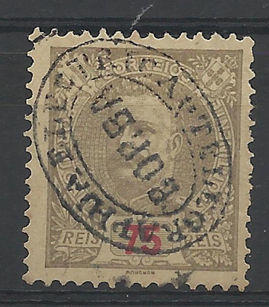 1575.jpg -     Lote:    1575            Portugal       Descrição:         Carimbos da Telegrafia Eléctrica.1898/1905 &mdash; D. Carlos I Mouchon. CE144, 75 reis castanho bistre s/ amarelo, obliterado com carimbo batido a preto "TELEGRAPHIA ELECTRICA BORBA".        O       Valor Base:     &euro; 15,00     Valor Venda:     &euro; 34,00     