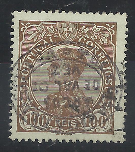 1580.jpg -     Lote:    1580            Portugal       Descrição:         Carimbos da Telegrafia Eléctrica. 1910 &mdash; D. Manuel II CE165, 100 reis bistre s/ verde obliterado com carimbo batido a preto "TELEGRAPHIA ELECTRICA / ARCOS / DE VAL. DE / VEZ".        O       Valor Base:     &euro; 15,00     Valor Venda:     &euro; 50,00     