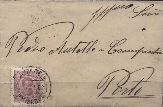 1590.jpg -     Lote:    1590            Portugal       Descrição:         Carimbos circulares datados, tipo 1880 * 1884/87 &mdash; D. Luís I de frente. CE63, 25 reis lilás rosa, em sobrescrito circulado de Ranhados (26.03.92) para o Porto (28.03.92). Carimbo batido a preto de "RANHADOS". R.        Carta       Valor Base:     &euro; 20,00     Valor Venda:     &euro; 20,00     