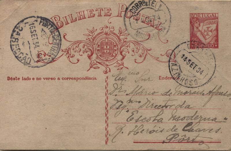 1592.jpg -     Lote:    1592            Portugal       Descrição:         Carimbos circulares datados, tipo 1880 * 1931 &mdash; Lusíadas. OM80f, 25c, carmim "Endereço". Circulado de Azinhoso (14.09.34) para o Porto (16.09.34). Carimbo batido a preto "AZINHOSO". MR.        IC       Valor Base:     &euro; 12,00     Valor Venda:     &euro; 18,00     
