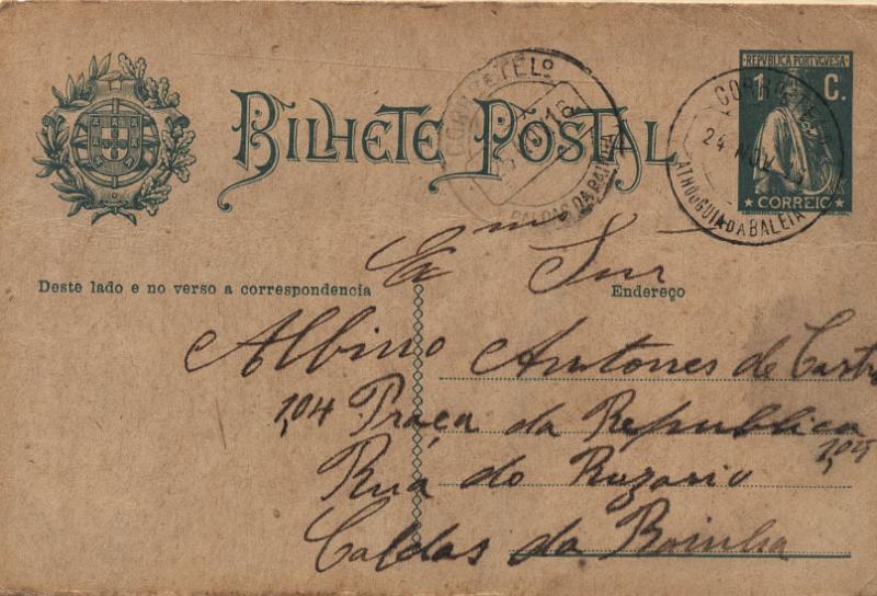 1593.jpg -     Lote:    1593            Portugal       Descrição:         Carimbos circulares datados, tipo 1880 * 1912 &mdash; Ceres. OM59, 1C verde escuro. Circulado de Atouguia da Baleia (24.11.16) para Caldas da Rainha (26.11.16). Carimbo batido a preto "ATHOUGUIA DA BALEIA".        IC       Valor Base:     &euro; 10,00     Valor Venda:     &euro; 10,00     