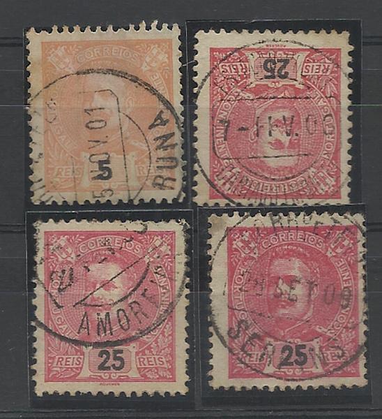1602.jpg -     Lote:    1602            Portugal       Descrição:         Carimbos circulares datados, tipo 1880. 1895/1905 &mdash; D. Carlos I Mouchon. Lote de 4 selos obliterados com carimbos batidos a preto "RUNA", "CARIA (BELMONTE)", "AMOREIRA" e "SERPINS",        Lote       Valor Base:     &euro; 15,00     Valor Venda:     Retirado     
