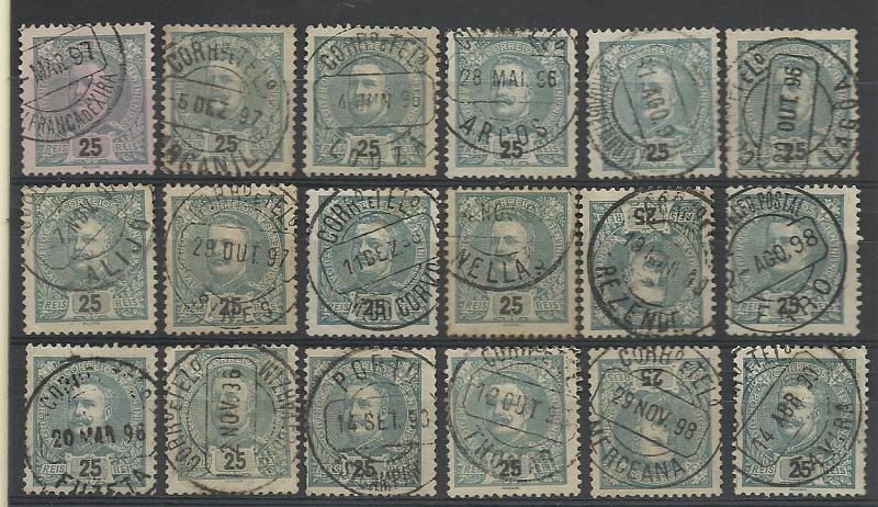 1603.jpg -     Lote:    1603            Portugal       Descrição:         Carimbos circulares datados, tipo 1880. Lote com 18 selos tipo D. Carlos I, tipo Mouchon, obliterados com carimbos batidos a preto. Todos bem batidos. Boas marcas com alguma raridade. Lote a ver.        Lote       Valor Base:     &euro; 15,00     Valor Venda:     &euro; 16,00     