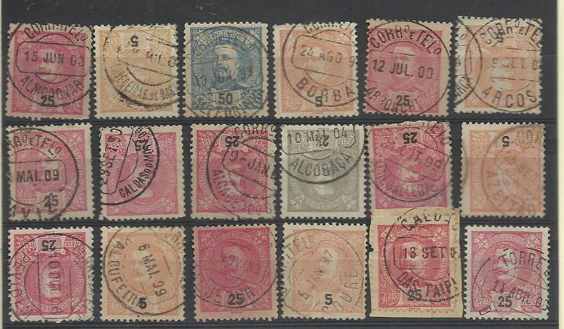 1604.jpg -     Lote:    1604            Portugal       Descrição:         Carimbos circulares datados, tipo 1880. Lote com 18 selos tipo D. Carlos I, tipo Mouchon, obliterados com carimbos batidos a preto. Todos bem batidos. Boas marcas com alguma raridade. Lote a ver.        Lote       Valor Base:     &euro; 15,00     Valor Venda:     &euro; 26,00     