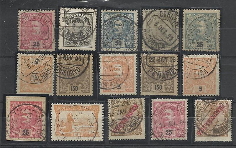 1605.jpg -     Lote:    1605            Portugal       Descrição:         Carimbos circulares datados, tipo 1880. Lote com 15 selos desde D. Luís I de frente até D. Manuel II com REPUBLICA, obliterados com marcas bem batidas. Boas marcas com alguma raridade. Lote a ver.        Lote       Valor Base:     &euro; 12,00     Valor Venda:     &euro; 12,00     