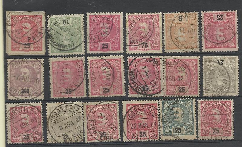 1607.jpg -     Lote:    1607            Portugal       Descrição:         Carimbos circulares datados, tipo 1880. Lote com 18 selos tipo D. Carlos I, tipo Mouchon, obliterados com carimbos batidos a preto. Todos bem batidos. Lote a ver.        Lote       Valor Base:     &euro; 12,00     Valor Venda:     &euro; 12,00     
