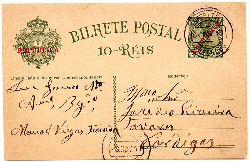 1608.jpg -     Lote:    1608            Portugal       Descrição:         Carimbos circulares datados tipo 1880 * 1910 &mdash; D. Manuel II com sobrecarga REPUBLICA. OM52, 10 reis verde s/ cartolina camurça, circulado de Envendos (08.11.11) para Cardigos. Carimbo batido a preto "ENVENDOS", raridade 7 Gordon.        IC       Valor Base:     &euro; 15,00     Valor Venda:     &euro; 240,00     