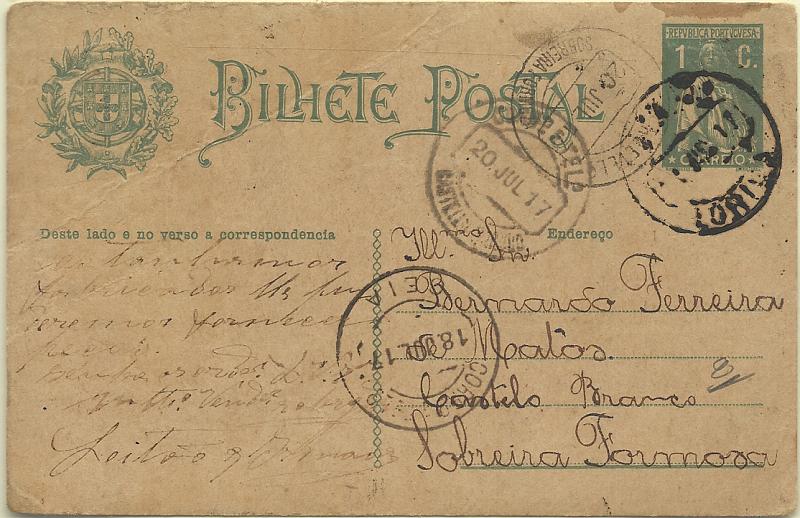 1620.jpg -     Lote:    1620            Portugal       Descrição:         Carimbos circulares datado tipo1880. Inteiro postal tipo Ceres de 1C verde OM59, circulado de Loriga (17.07.17) para Sobreira Formosa (20.07.17). Carimbos batidos a preto de LORIGA (raridade 8), SEIA e RIBEIRA FORMOSA.        IC       Valor Base:     &euro; 10,00     Valor Venda:     &euro; 24,00     