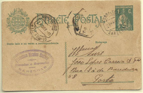 1627.jpg -     Lote:    1627            Portugal       Descrição:         Carimbos circulares datados tipo 1880 * 1912 &mdash; Ceres. OM59, 10 reis verde. Circulado de Sarzedas (08.08.17) para o Porto. Carimbo batido a preto "SARZEDAS" &mdash; raridade 7.        IC       Valor Base:     &euro; 10,00     Valor Venda:     &euro; 32,00     