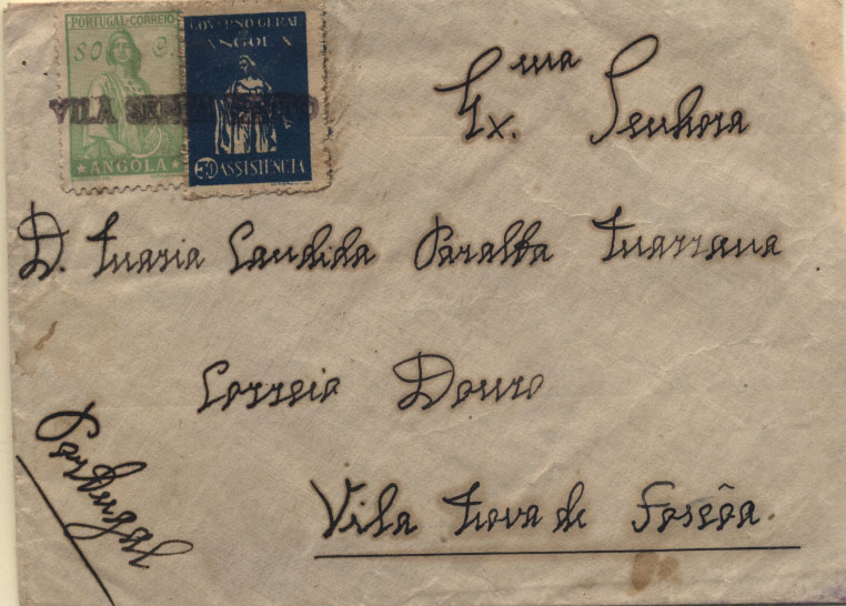 1638.jpg -     Lote:    1638            Angola       Descrição:         Carimbos nominativos. 1929/32 &mdash; Ceres + Assistência. Sobrescrito circulado de Vila Serpa Pinto para Vila Nova de Fozcoa (03.02.34) com trânsito por Silva Porto (26.12.33) com selo de 80c CE239 + imposto postal de $50 CE IP4. Carimbo batido a preto "VILA SERPA PINTO. Único exemplar conhecido. MB e MR.        Carta       Valor Base:     &euro; 500,00     Valor Venda:     Retirado     