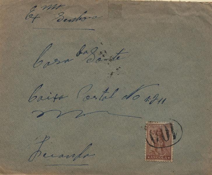 1641.jpg -     Lote:    1641            Angola       Descrição:         Carimbos numéricos ovais. 1932 &mdash; Ceres. Sobrescrito circulado da Canhoca para Luanda (11.03.47) pela AMB2 / LUANDA-MALANGE (10.03.47) com selo de 50c CE236. carimbo batido a preto "100" distribuído á estação postal da Canhoca.        Carta       Valor Base:     &euro; 50,00     Valor Venda:     &euro; 50,00     