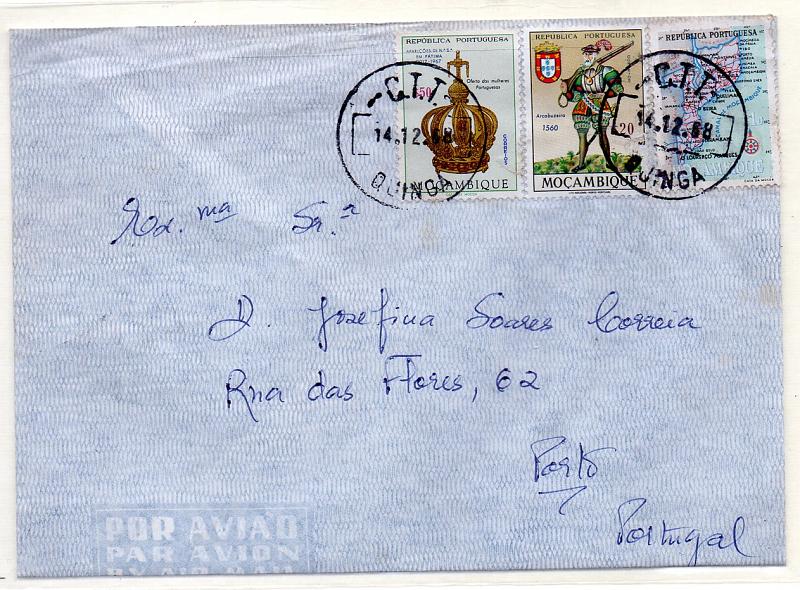 1673.jpg -     Lote:    1673            Moçambique       Descrição:         Carimbos circulares datados. Sobrescrito circulado de Quinga (14.12.68) para o Porto com selos CE412, 490 e 504. Carimbo batido a preto "C.T.T. / QUINGA".        Carta       Valor Base:     € 20,00     Valor Venda:     € 150,00     