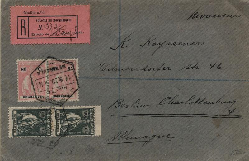 1676.jpg -     Lote:    1676            Moçambique       Descrição:         Carimbos hexagonais. 1922 — Ceres. Sobrescrito circulado registado de Metangula (11.09.30) para a Alemanha (21.10.30, com trânsito pela Beira (29.09.30) com par de 30c CE241 e par de 80c CE244. Carimbo hexagonal de METANGULA.        Carta       Valor Base:     € 30,00     Valor Venda:     € 55,00     