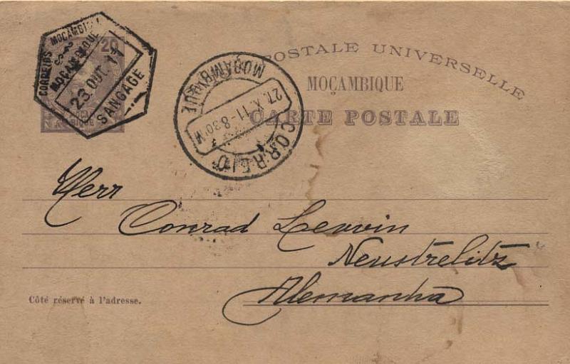 1677.jpg -     Lote:    1677            Moçambique       Descrição:         Carimbos hexagonais. 1903 — D. Carlos I Mouchon. OM5, 20 reis violeta. Circulado de Sangage (23.10.11) para a Alemanha, com trânsito por Moçambique (27.10.11). Carimbo batido a preto "SANGAGE".        Carta       Valor Base:     € 50,00     Valor Venda:     € 360,00     