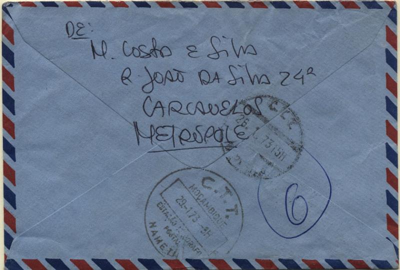 1684.jpg -     Lote:    1684            Moçambique       Descrição:         Carimbos  circulares. Sobrescrito circulado de Lisboa com dois selos de 2$00 tipo Cavaleiro Medieval para Nampula (24.01.73): carimbo batido a violeta "ESTAÇÃO TELEGRAFO POSTAL / NAMETIL".        Carta       Valor Base:     € 15,00     Valor Venda:     € 15,00     