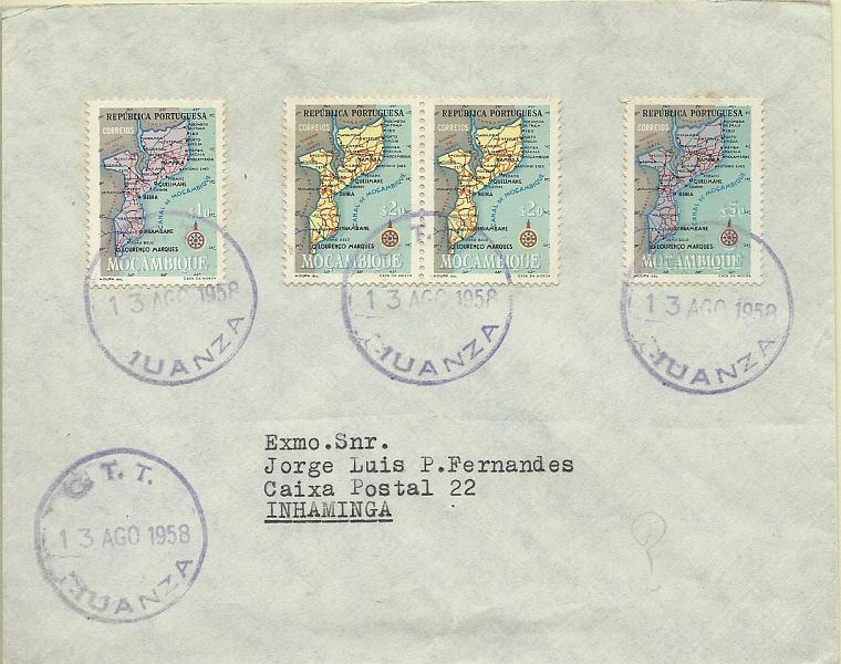 1689.jpg -     Lote:    1689            Moçambique       Descrição:         Carimbos circulares pequenos de borracha. Sobrescrito circulado de Muanza (13.08.58) para Inhaminga (15.08.58) com selo tipo Mapa de Moçambique de $10, 2x$20 e $50, obliterados com carimbo batido a violeta "C. T. T. / MUANZA".        Carta       Valor Base:     € 25,00     Valor Venda:     € 25,00     
