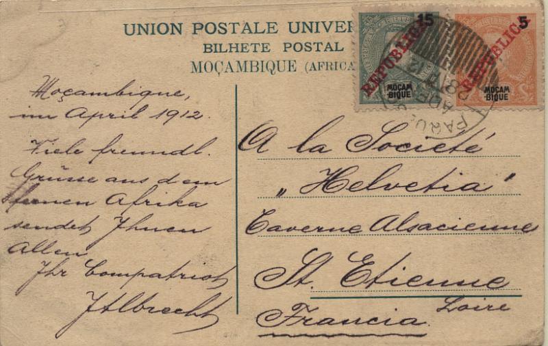 1695.jpg -     Lote:    1695            Moçambique       Descrição:         Carimbos do correio marítimo. 1911 &mdash; D. Carlos I com sobrecarga REPUBLICA da Casa da Moeda. CE105 e 106, 5 reis amarelo e 15 reis verde sobre postal ilustrado lançado a bordo de paquete com destino a St. Etienne * França. Selos obliterados com carimbo batido a preto "PAQUEBOT / ADEN / 28 AP 12" (Hosking 1389).        PI       Valor Base:     &euro; 75,00     Valor Venda:     Retirado     