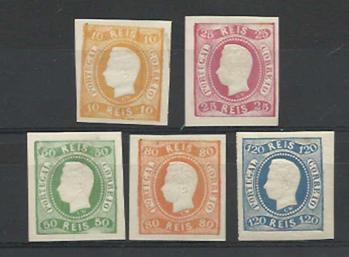 1774.jpg -     Lote:    1774            Portugal       Descrição:         1866/67 &mdash; D. Luís. Fita curva, não denteados. Reimpressões de 1885. CE20, 22, 23, 24 e 26. Lote de 5 reimpressões de 10, 25, 50, 80 e 120 reis, todas com margens largas. Valor de catálogo &euro; 325,00.        R*       Valor Base:     &euro; 40,00     Valor Venda:     Retirado     