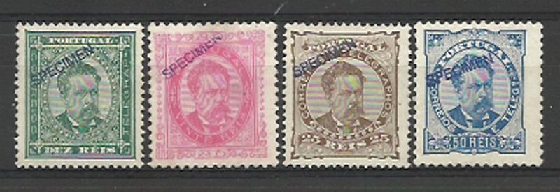 1780.jpg -     Lote:    1780            Portugal       Descrição:         1882/87 &mdash; D. Luís de frente + D. Luís de frente, novos valores. Reimpressões de 1905. Lote de 2 reimpressões CE57 e 61 + dois selos originais distribuídos com as reimpressões CE58 e 62. Todos com a sobrecarga "SPECIMEN" batida a azul.        R*       Valor Base:     &euro; 25,00     Valor Venda:     &euro; 32,00     