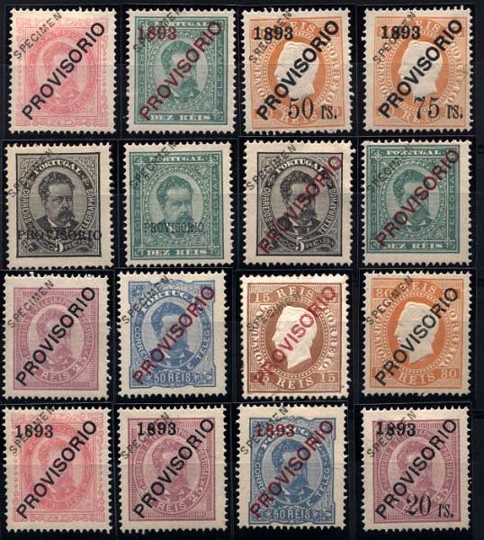 1784.jpg -     Lote:    1784            Portugal       Descrição:         Reimpressões de 1905. 1892/93 &mdash; D. Luís I. Sobrecarga "PROVISORIO". CE81/97. Falta CE89 e 94 para completar a série. Valor de catálogo &euro; 1.600,00.        **       Valor Base:     &euro; 480,00     Valor Venda:     Retirado     