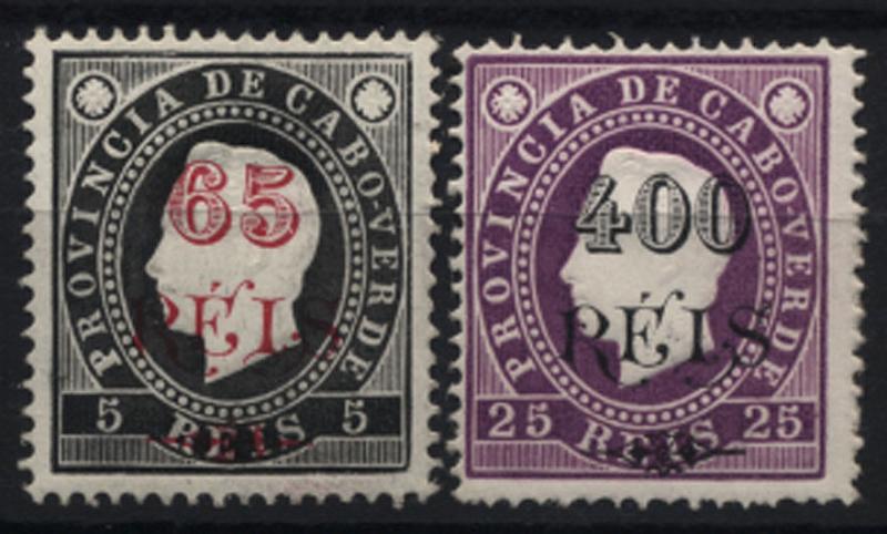 1786.jpg -     Lote:    1786            Cabo Verde       Descrição:         Reimpressões de 1905 * 1902 &mdash; D. Luís I com sobretaxa. CE52, 59. Duas reimpressões de 65 s/ 5 reis e 400 s/ 25 reis, em denteado 13 &frac12;.        R***       Valor Base:     &euro; 30,00     Valor Venda:     &euro; 46,00     