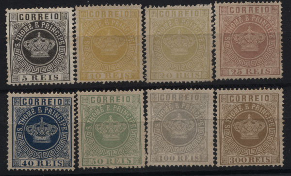1792.jpg -     Lote:    1792            S. Tomé e Príncipe       Descrição:         Reimpressões de 1905 * 1870/77 &mdash; Coroa. Lote de 8 reimpressões nos valores de 5, 10, 20, 25, 40, 50, 100 e 300 reis. Falta o 200 reis para completar a série.        R*       Valor Base:     &euro; 60,00     Valor Venda:     &euro; 130,00     