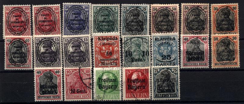 1794.jpg -     Lote:    1794                   Descrição:      Alemanha *   Lote com 21 selos, a maioria com a efígie "Germania" com sobrecarga "Traite de Versailles". Lote a ver.        ***/O       Valor Base:     &euro; 20,00     Valor Venda:     Retirado     