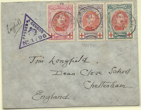 1798.jpg -     Lote:    1798                   Descrição:      Bélgica   &mdash; 1914/15 &mdash; Alberto I. Sobrescrito circulado de Reninghelst (08.05.15) para Inglaterra (12.05.15) com selos de 5, 10 e 20c, Yv132/134.        Carta       Valor Base:     &euro; 15,00     Valor Venda:     Retirado     