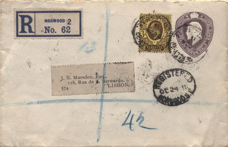 1824.jpg -     Lote:    1824                   Descrição:      Inglaterra * George VI &mdash;   Inteiro postal de 3 &frac12; p violeta circulado registado de Norwood (24.10.11) para Lisboa (endereçado a Marsden) com selo adicional de 3 d. MB.        IC       Valor Base:     &euro; 10,00     Valor Venda:     Retirado     
