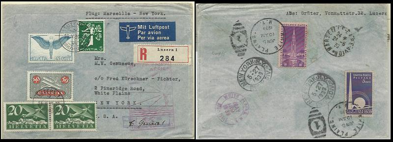 1836.jpg -     Lote:    1836                   Descrição:      Suíça *   1939 &mdash; 1.º Serviço postal aéreo França/EUA. Sobrescrito circulado de Lucerna (23.05.39) para Nova York (29.05.39) com selos de 20c (par) Yv CA4, 50c Yv CA9 e 65c Yv CA10.         Aéreo       Valor Base:     &euro; 20,00     Valor Venda:     Retirado     