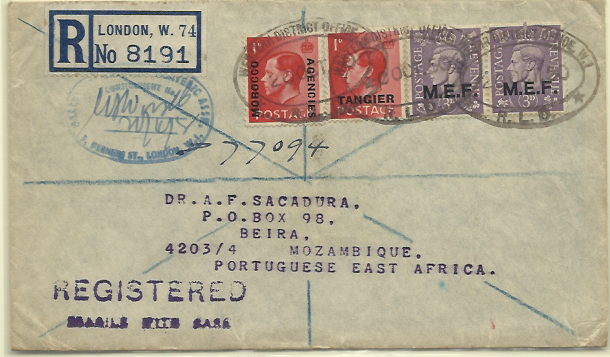 1839.jpg -     Lote:    1839                   Descrição:      Marrocos (Agência Postal Inglesa) &mdash;   Sobrescrito circulado com selos ingleses sobrecarregados de Londres (20.10.50) para a Beira (14.11.50).        Carta       Valor Base:     &euro; 20,00     Valor Venda:     Retirado     