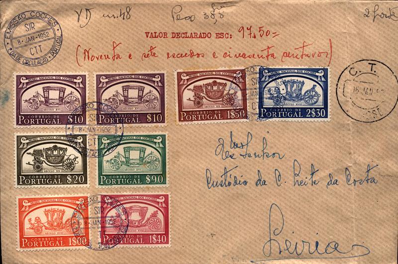 1854.jpg -     Lote:    1854                   Descrição:      Portugal    &mdash; Lote composto por 10 frentes de valores declarados com as séries completas dos Coches de Portugal, OTAN, S. Martinho de Dume x 2, Centenário do Ministério das Obras Públicas, Prof. Gomes Teixeira x 2, Centenário de S. João de Deus, Guilherme Gomes x 2, São Francisco Xavier, Princesa Santa Joana  e Centenário do Selo Postal Português (selos de $50, 1$00 e 5$00). Lote a ver.        Lote       Valor Base:     &euro; 10,00     Valor Venda:     Retirado     
