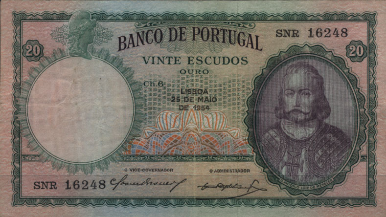 1884.jpg -     Lote:    1884                   Descrição:         1954 &mdash; António Luiz de Meneses. 20$00, chapa 6. 25.05.1954. MBC+        NT       Valor Base:     &euro; 25,00     Valor Venda:     &euro; 25,00     
