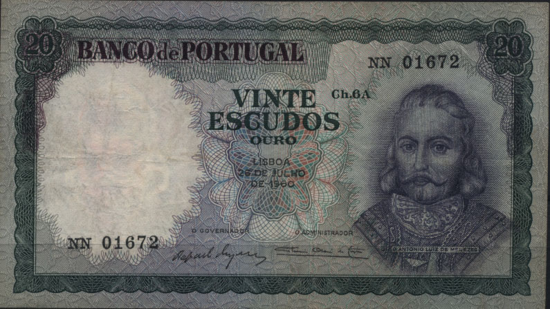 1885.jpg -     Lote:    1885                   Descrição:         1960 &mdash; António Luiz de Meneses. 20$00, chapa 6A. 26.0760. MBC+        NT       Valor Base:     &euro; 15,00     Valor Venda:     &euro; 26,00     