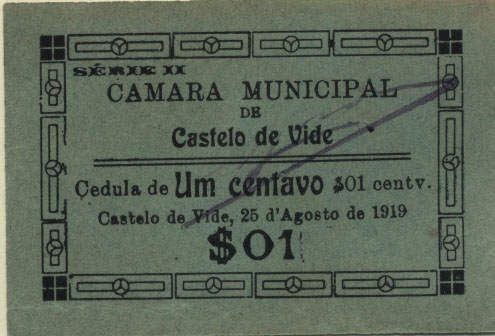 1889.jpg -     Lote:    1889                   Descrição:         Castelo de Vide (Câmara Municipal). MA634, $01 papel verde, rara e bela.        CDL       Valor Base:     &euro; 10,00     Valor Venda:     Retirado     