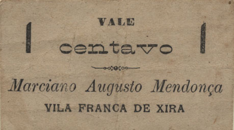 1893.jpg -     Lote:    1893                   Descrição:         Vila Franca de Xira. Marciano Augusto Mendonça. MA2375, 1c em cartão, uniface, com carimbo no verso. RR. MBC.        CDL       Valor Base:     &euro; 15,00     Valor Venda:     &euro; 26,00     