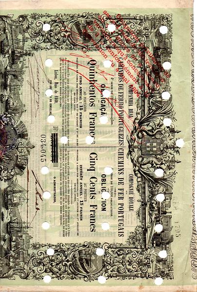 1897.jpg -     Lote:    1897                   Descrição:         Acções. "Cª Real dos Caminhos de Ferro Portugueses", obrigações de 500 francos, original de 1860, com furos de inutilização, mas belas gravuras de comboios, barcos no Tejo, etc.        Lote       Valor Base:     &euro; 15,00     Valor Venda:     &euro; 15,00     