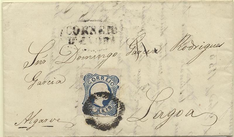 1922.jpg -     Lote:    1922      Lotes pelo Correio       Portugal       Descrição:         1855/56 &mdash; D. Pedro V. Cabelos lisos. CE7, 25 reis azul, cunho II (duas boas margens e duas curtas) em carta circulada de Évora (06.11.55) para Lagoa. Carimbo nominativo batido a preto "CORREIO D'EVORA".        Carta       Valor Base:     &euro; 15,00     Valor Venda:     Retirado     