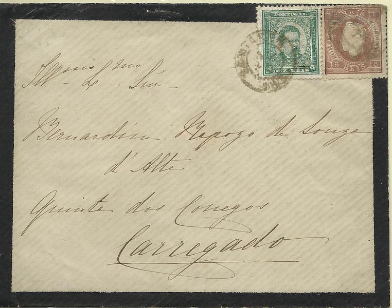 1926.jpg -     Lote:    1926      Lotes pelo Correio       Portugal       Descrição:         1870/1884 &mdash; D. Luís I, fita direita + D. Luís I, de frente. Sobrescrito circulado de Santarém (14.10.85) para o Carregado com selo de 15 reis castanho, denteado 12 &frac12;, papel liso CE38 e selo de 10 reis verde, CE61.        Carta       Valor Base:     &euro; 15,00     Valor Venda:     Retirado     