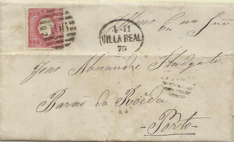 1927.jpg -     Lote:    1927      Lotes pelo Correio       Portugal       Descrição:         1870/76 &mdash; D. Luís I, fita direita. CE40, 25 reis carmim, denteado 12 &frac12;, em carta circulada de Vila Real (04.11.75) para o Porto. Carimbos, numérico "106" e datado "VILLA REAL" batidos a preto.        Carta       Valor Base:     &euro; 8,00     Valor Venda:     &euro; 8,00     