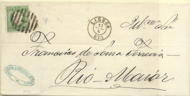 1928.jpg -     Lote:    1928      Lotes pelo Correio       Portugal       Descrição:         1870/76 &mdash; D. Luís I. Fita direita. CE41, 50 reis verde, denteado 12 &frac12;, papel liso. Sobrescrito circulado de Lisboa (11.06.73) para Rio Maior.        Carta       Valor Base:     &euro; 10,00     Valor Venda:     &euro; 13,00     