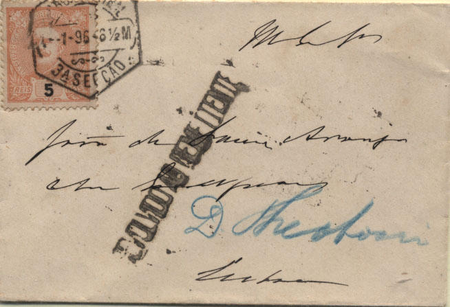 1935.jpg -     Lote:    1935      Lotes pelo Correio       Portugal       Descrição:         1895/96 &mdash; D. Carlos I Mouchon. CE127, 5 reis laranja em sobrescrito de reduzidas dimensões (cartões de visita) circulado em Lisboa (04.01.96). Carimbo batido a preto "DEVOLVISO AO REMETENTE".        Carta       Valor Base:     &euro; 5,00     Valor Venda:     &euro; 5,00     