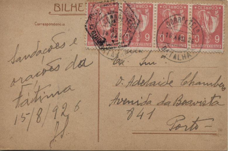 1943.jpg -     Lote:    1943      Lotes pelo Correio       Portugal       Descrição:         1920/22 &mdash; Ceres. Novas taxas e cores. Postal ilustrado circulado da Batalha (16.08.26) para o Porto (17.08.26), com tira de 4 selos de 6C lilás rosa. Dois selos com variedades de cliché IV e XIV.        PI       Valor Base:     &euro; 8,00     Valor Venda:     &euro; 18,00     