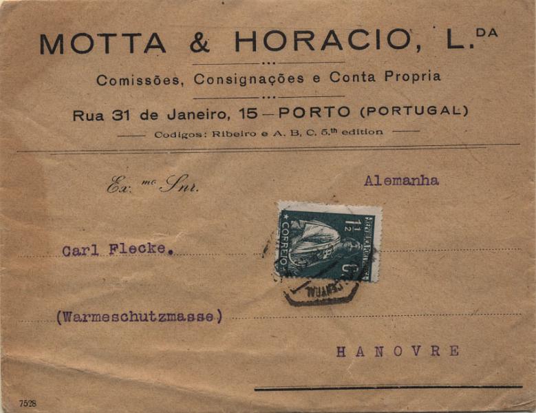 1946.jpg -     Lote:    1946      Lotes pelo Correio       Portugal       Descrição:         1917/20 &mdash; Ceres. Sobrescrito circulado do Porto para Hanôver com selo de 1 &frac12; c CE222. Porte de impressos.        Carta       Valor Base:     &euro; 8,00     Valor Venda:     Retirado     