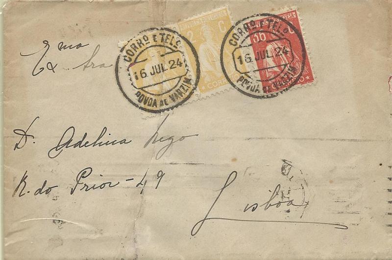 1949.jpg -     Lote:    1949      Lotes pelo Correio       Portugal       Descrição:         1920/26 &mdash; Ceres. Sobrescrito circulado da Póvoa do Varzim (16.07.24) para Lisboa (18.07.24) com 2 selos de 2c CE276 e selo de 36c CE243. Sobrescrito com rasgão ao meio, fendendo um dos selos de 2c.        Carta       Valor Base:     &euro; 10,00     Valor Venda:     Retirado     