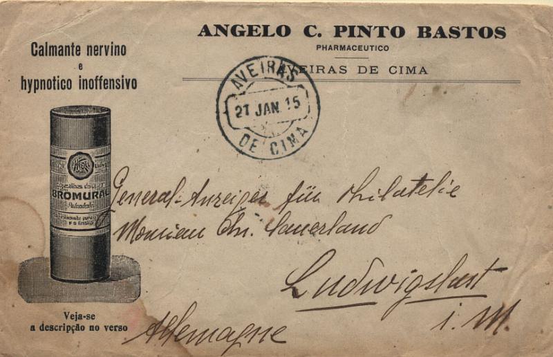 1989.jpg -     Lote:    1989      Lotes pelo Correio              Descrição:         Cartas publicitárias. Saúde e medicamentos tradicionais. 1912 &mdash; Ceres. Sobrescrito publicitário de farmacêutico, circulado de Aveiras de Cima (21.01.15) para a Alemanha, com par de selos (no verso) de 2 &frac12; C violeta, papel porcelana, denteado 15x14.        Carta       Valor Base:     &euro; 5,00     Valor Venda:     &euro; 10,00     