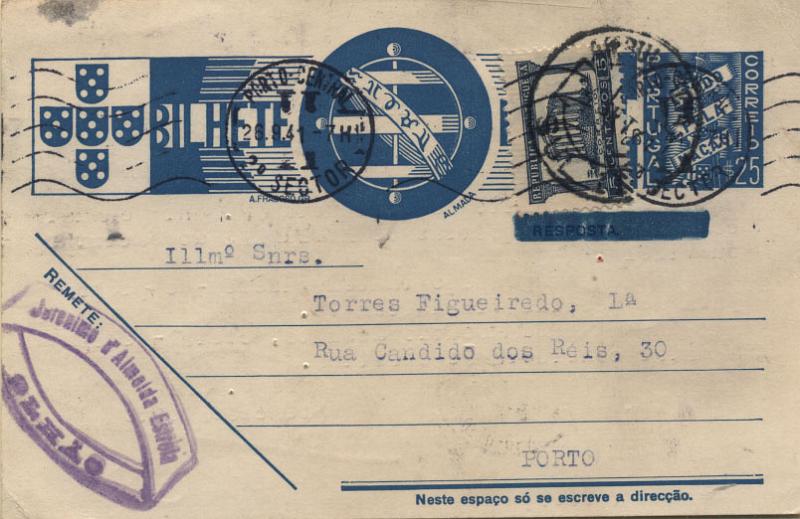 2007.jpg -     Lote:    2007      Lotes pelo Correio       Portugal       Descrição:         1941 &mdash; Tudo pela Nação, com sobrecarga. OM91a, $25 azul (resposta) com traço. Circulado de Olhão (24.09.41) para o Porto, com selo adicional de 5c Templo de Diana.        IC       Valor Base:     &euro; 5,00     Valor Venda:     &euro; 5,00     